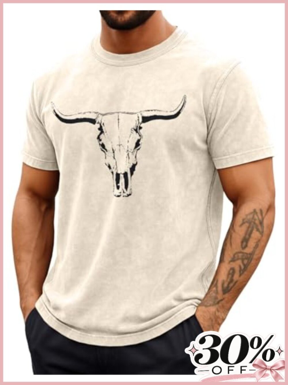 Men's 100% Cotton Western Bull Skull Graphic T-Shirt Crew Neck Short Sleeve